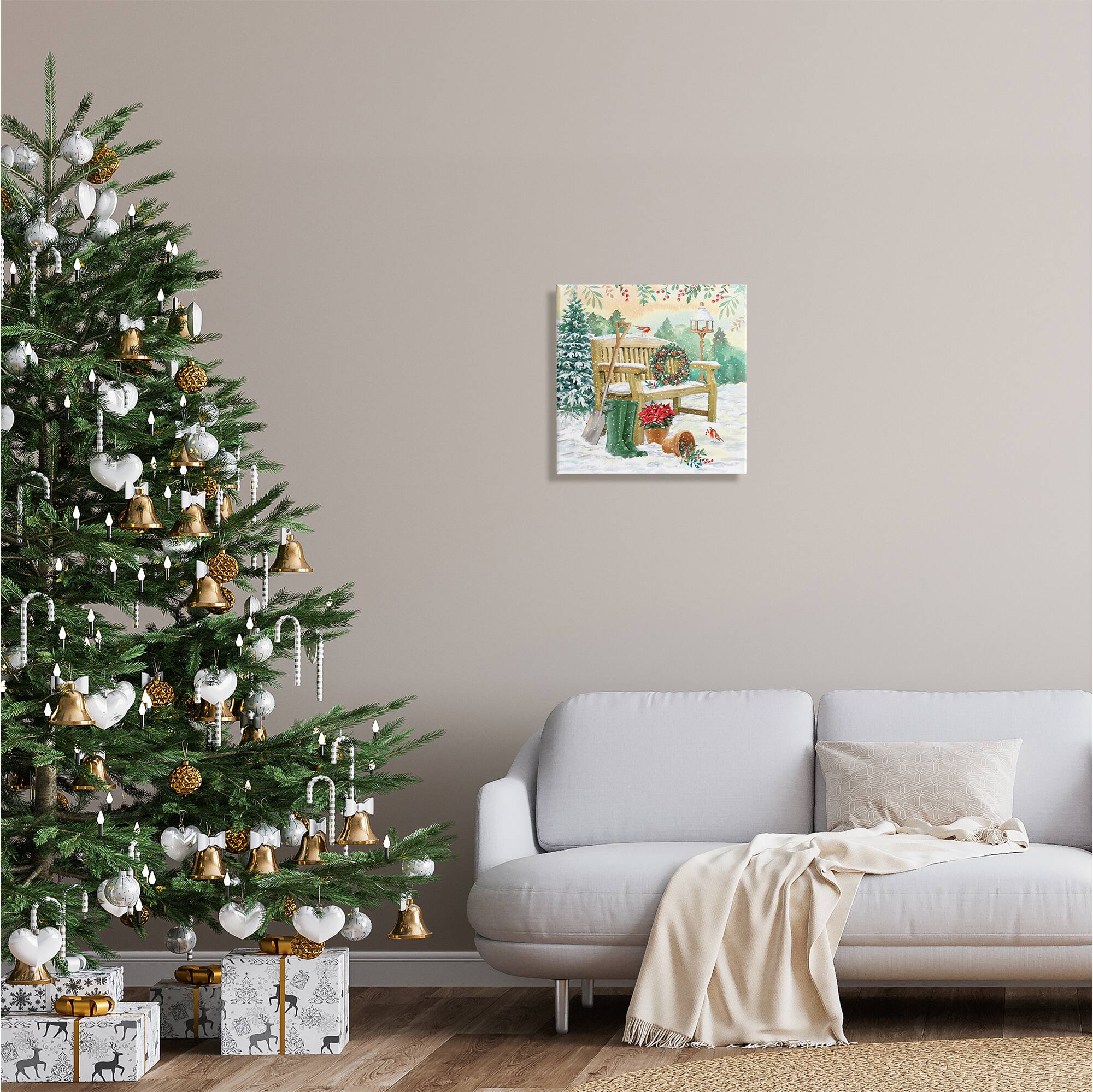 Stupell Industries Snowy Bench Seasonal Holly Plants Canvas Wall Art